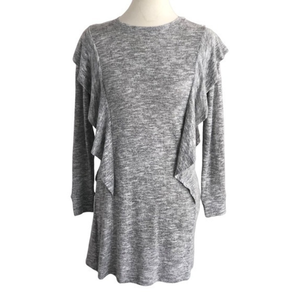 Long gray sweater with ruffle detail
